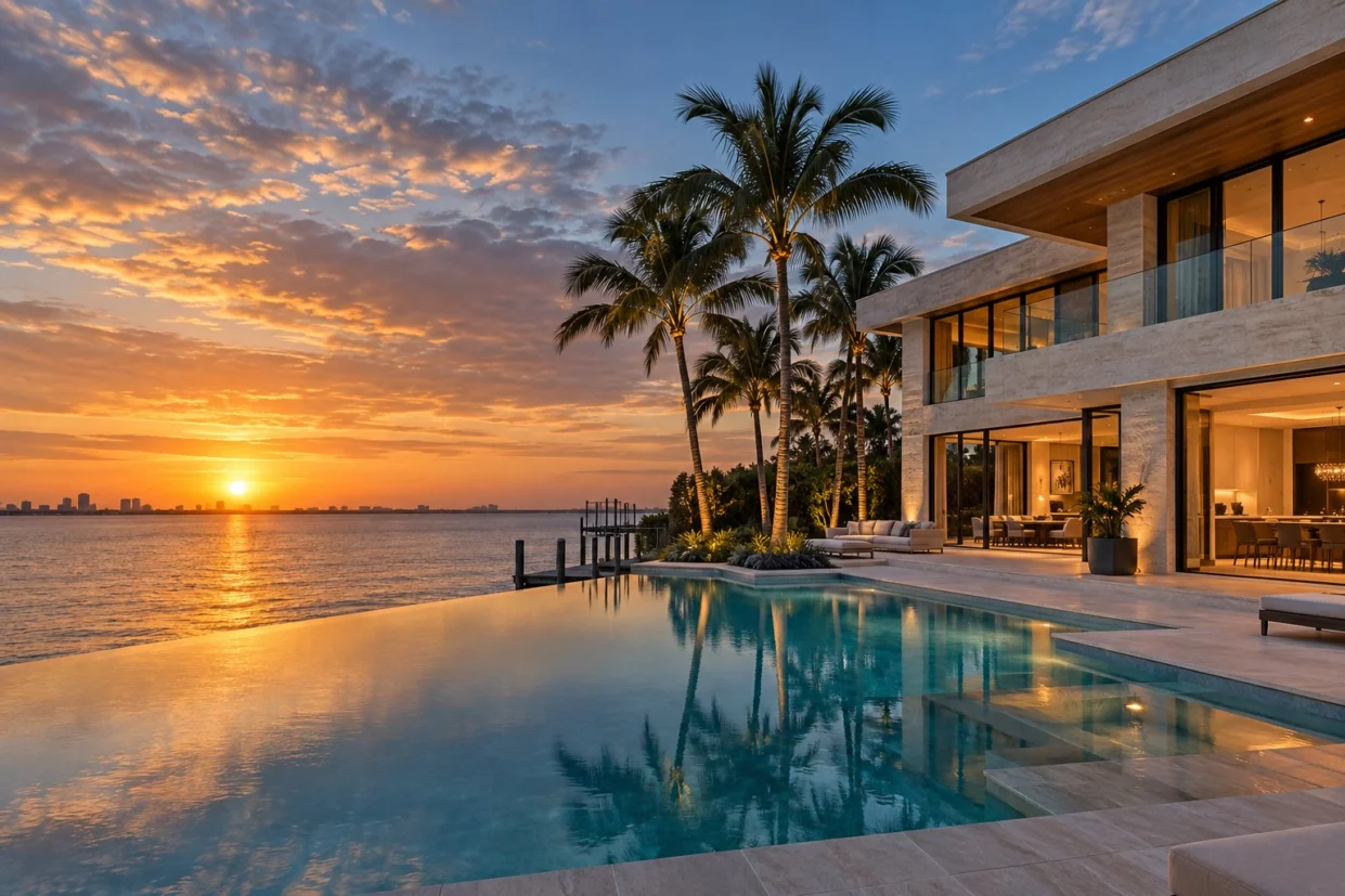 Architectural concept of a waterfront home at sunset
